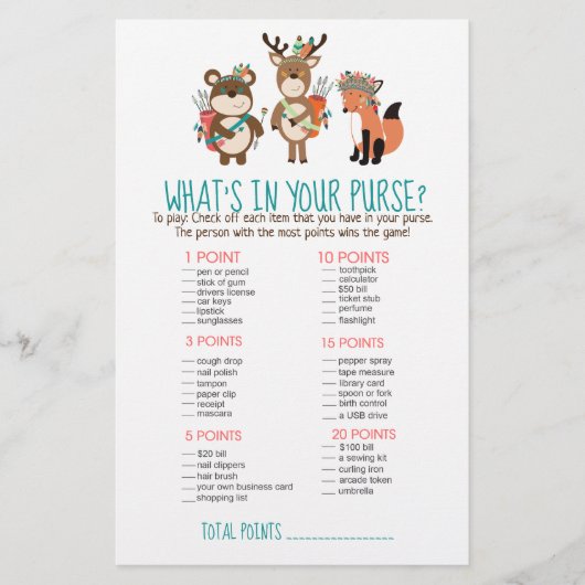 Woodland Tribal Boho Wat zit er in je Purse Game (Voorkant)