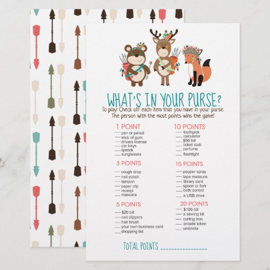 Woodland Tribal Boho Wat zit er in je Purse Game (Voorkant / Achterkant)