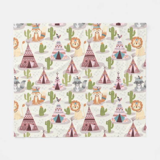 Woodland Tribal Native American Seamless Pattern Fleece Deken (Voorkant (Horizontaal))