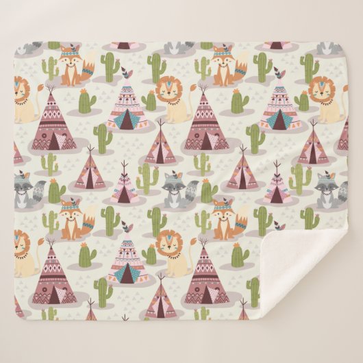 Woodland Tribal Native American Seamless Pattern Sherpa Deken (Voorkant (horizontaal))