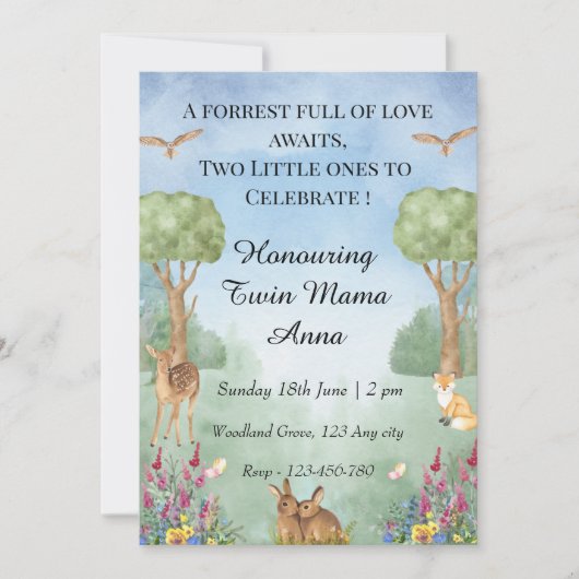 Woodland Twin Baby shower Invitation Kaart (Voorkant)