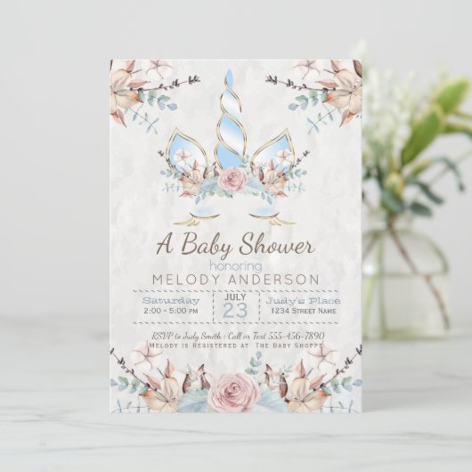 Woodland Unicorn Baby shower Blue Kaart (Staand voorkant)