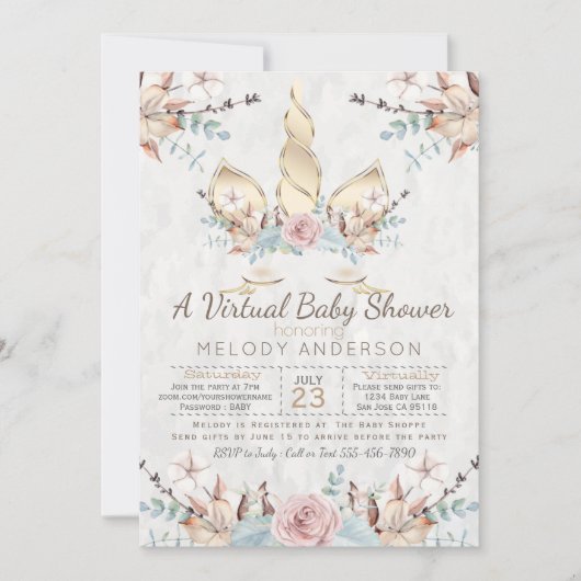 Woodland Unicorn Virtual Baby shower Gold Kaart (Voorkant)