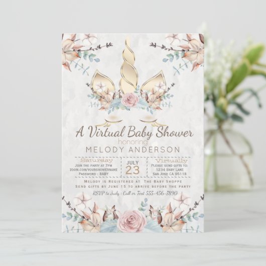 Woodland Unicorn Virtual Baby shower Gold Kaart (Staand voorkant)