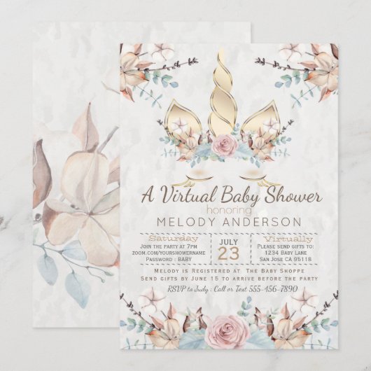 Woodland Unicorn Virtual Baby shower Gold Kaart (Voorkant / Achterkant)