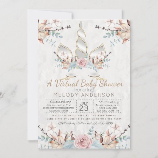 Woodland Unicorn Virtual Baby shower Silver Kaart (Voorkant)