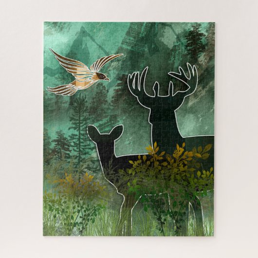 Woodland Union Pair of Deer and Hawk Legpuzzel (Verticaal)