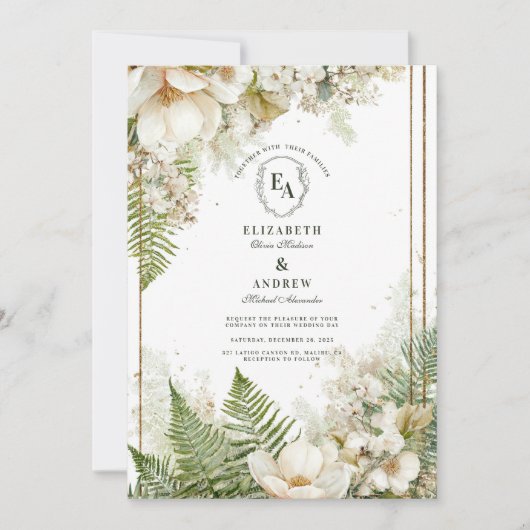 Woodland varen en witte bloemen bruiloft kaart (Voorkant)