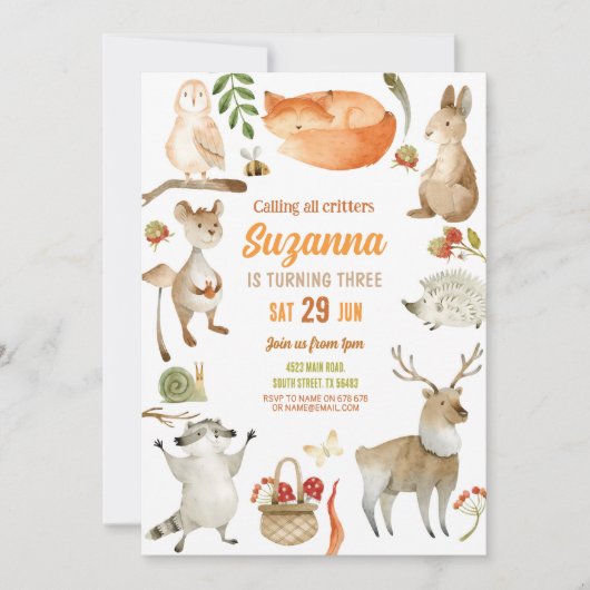 Woodland Verjaardag Uitnodiging Feest Dieren Bos (Voorkant)