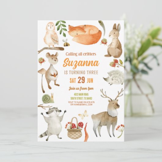 Woodland Verjaardag Uitnodiging Feest Dieren Bos (Staand voorkant)