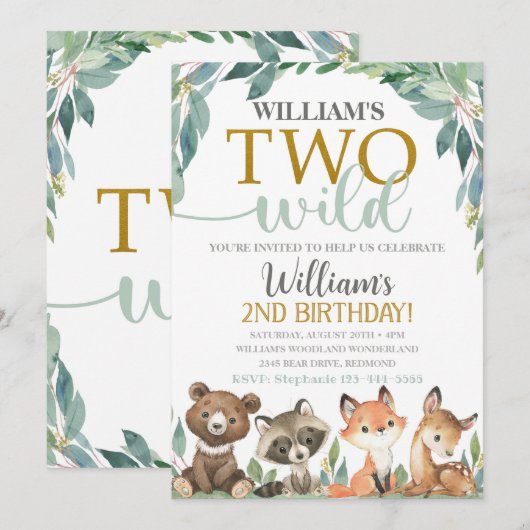 Woodland Verjaardag Uitnodiging Twee Wild Uitnodig (Voorkant / Achterkant)