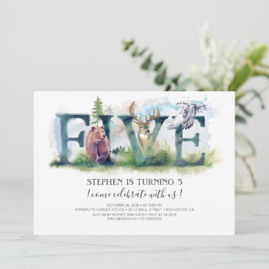Woodland Vijf - 5e verjaardag Uitnodiging (Staand voorkant)