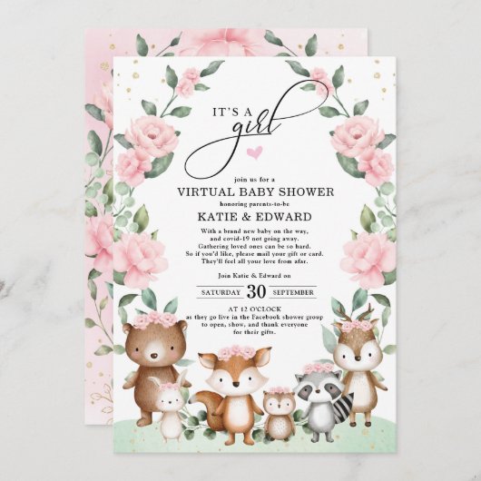 Woodland Virtual Baby shower Blush Bloemdieren Kaart (Voorkant / Achterkant)