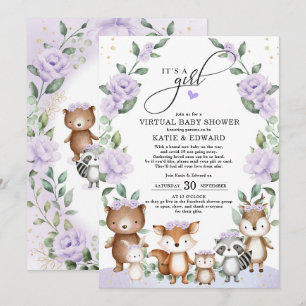 Woodland Virtual Baby shower Paars Florence Animal Kaart