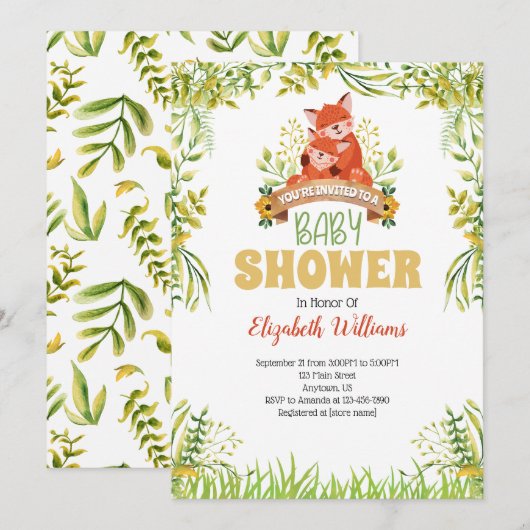 Woodland Vos Baby Shower Uitnodiging (Voorkant / Achterkant)