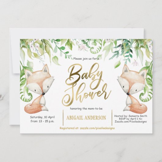 Woodland vos, groen, faux goud baby boy douche kaart (Voorkant)