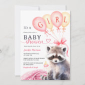 Woodland Wasbeer Baby shower Meisje Roze Ballonnen Kaart (Voorkant)