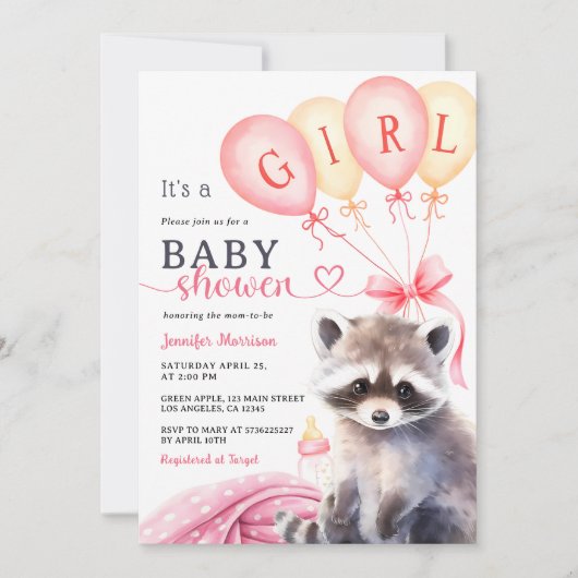 Woodland Wasbeer Baby shower Meisje Roze Ballonnen Kaart (Voorkant)