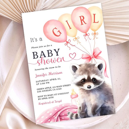 Woodland Wasbeer Baby shower Meisje Roze Ballonnen Kaart