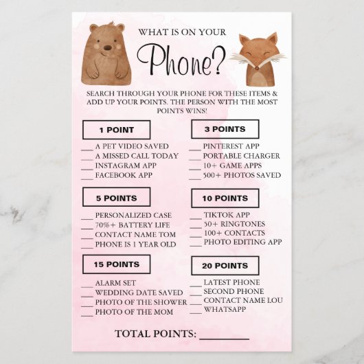 Woodland Wat is er op je telefoon Shower game card Flyer (Voorkant)