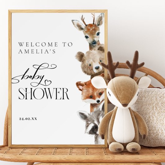 Woodland Watercolor Animals Modern Baby shower Poster