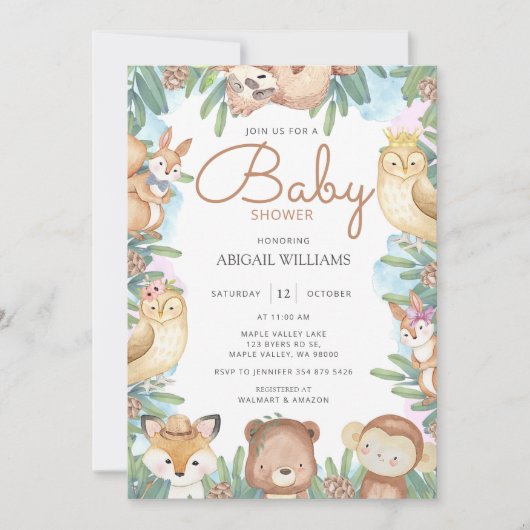 Woodland Waterverf Animals Baby shower Invitation Kaart (Voorkant)