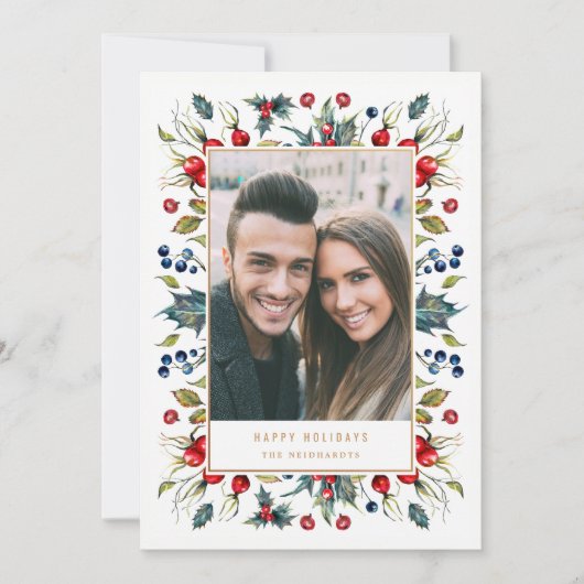 Woodland Waterverf Berries Lijst kerstfoto Feestdagenkaart (Voorkant)