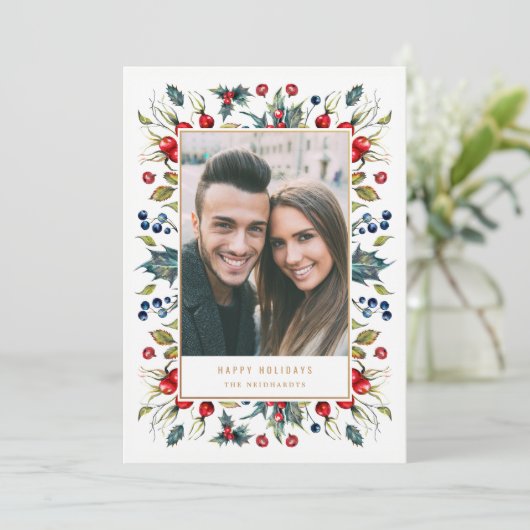 Woodland Waterverf Berries Lijst kerstfoto Feestdagenkaart (Staand voorkant)