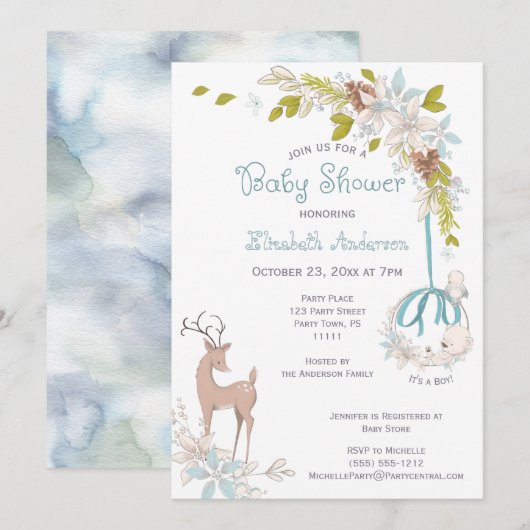 Woodland Waterverf Bloemen Baby shower Jongen Kaart (Voorkant / Achterkant)