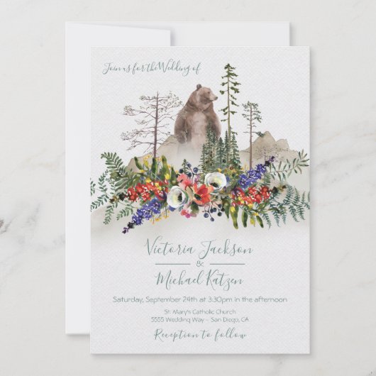 Woodland Waterverf Bos Beer Bruiloft Kaart (Voorkant)