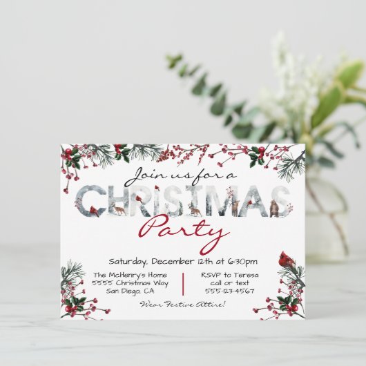 Woodland Waterverf Forest Kerstparty Kaart (Staand voorkant)