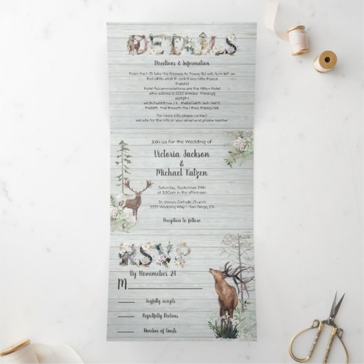 Woodland Waterverf Forest Wedding Tri-Fold Invita Drieluik Uitnodiging (Binnen)