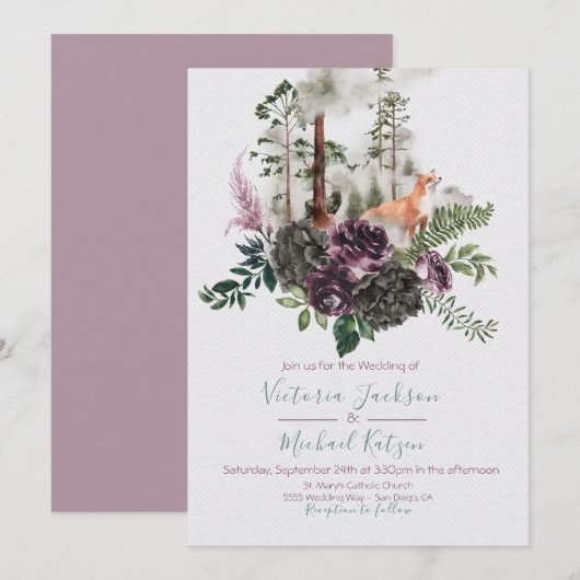 Woodland Waterverf Fox Forest Wedding-uitnodiginge Kaart (Voorkant / Achterkant)
