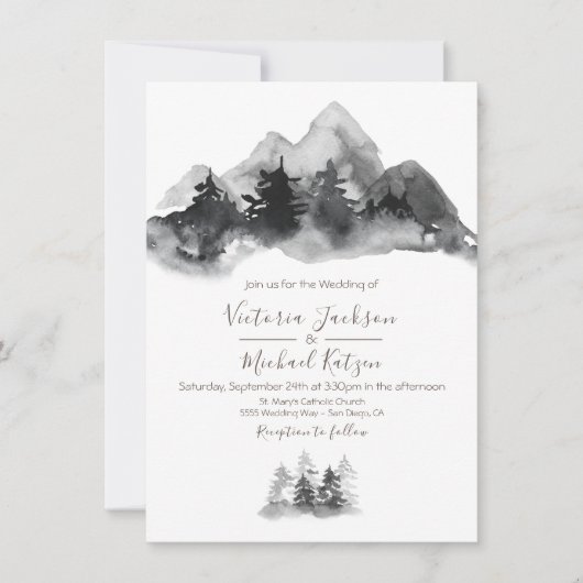 Woodland Waterverf Mountain bruiloft uitnodiging (Voorkant)