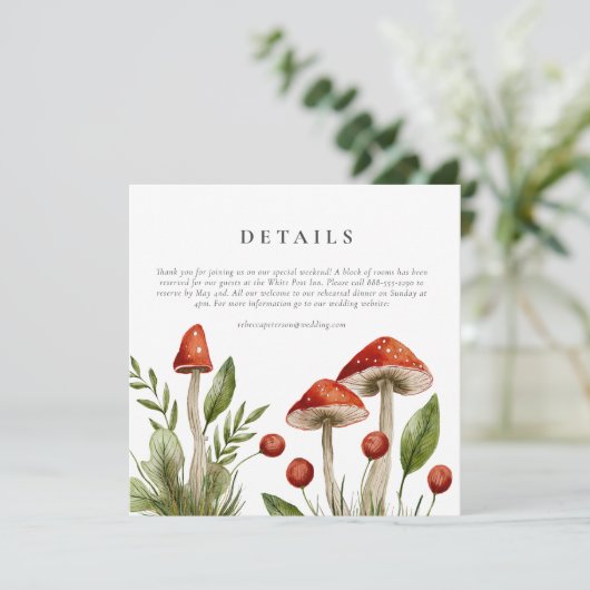 Woodland Waterverf Paddestoel bruiloft Details Kaart (Staand voorkant)