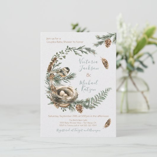 Woodland Waterverf vogelnestkrans baby shower Kaart (Staand voorkant)