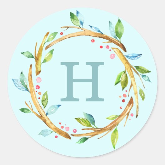 Woodland Waterverf Wreath | Aangepast monogram Ronde Sticker (Voorkant)