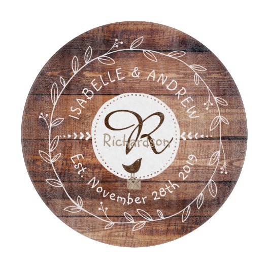 Woodland Wedding Monogram Wood Leaf Wreath Bird Snijplank (Voorkant)