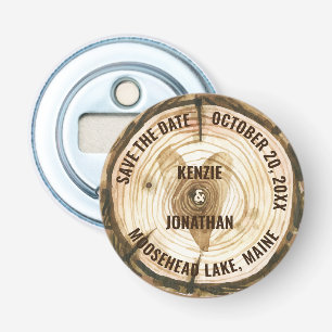 Woodland Wedding Save the Date Tree Ring Heart Button Flesopener