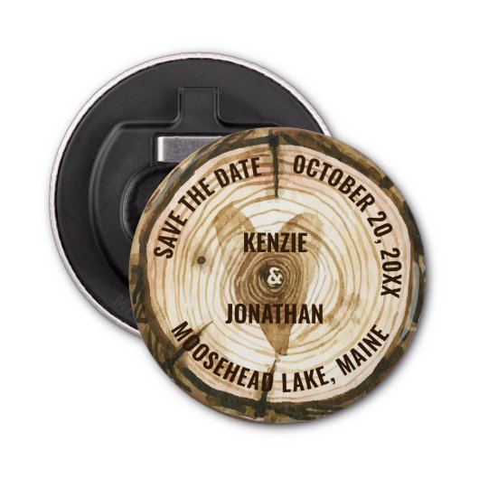 Woodland Wedding Save the Date Tree Ring Heart Button Flesopener (Voorkant)