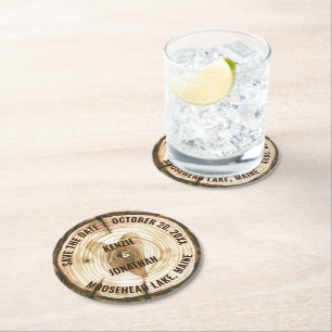 Woodland Wedding Save the Date Tree Ring Heart Ronde Kartonnen Onderzetter