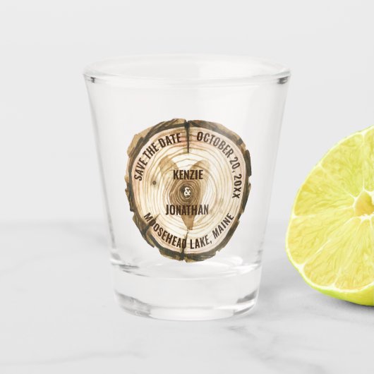Woodland Wedding Save the Date Tree Ring Heart Shot Glas (Voorkant)