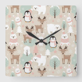 Woodland Whimsical Forest Animals Winter Vierkante Klok