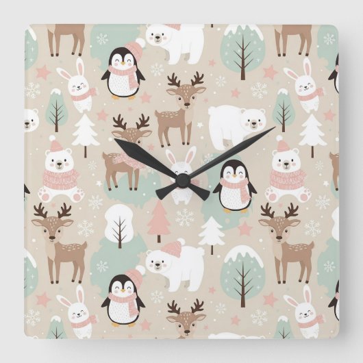 Woodland Whimsical Forest Animals Winter Vierkante Klok (Voorkant)