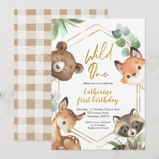 Woodland Wild One Birthday Invitation Kaart (Voorkant / Achterkant)