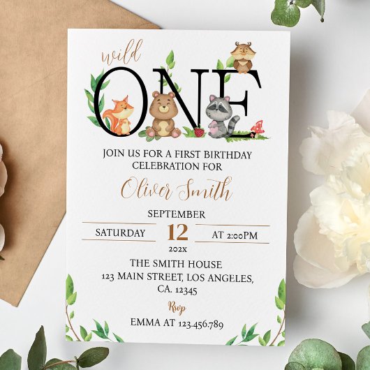 Woodland Wild One Birthday Invitation Kaart