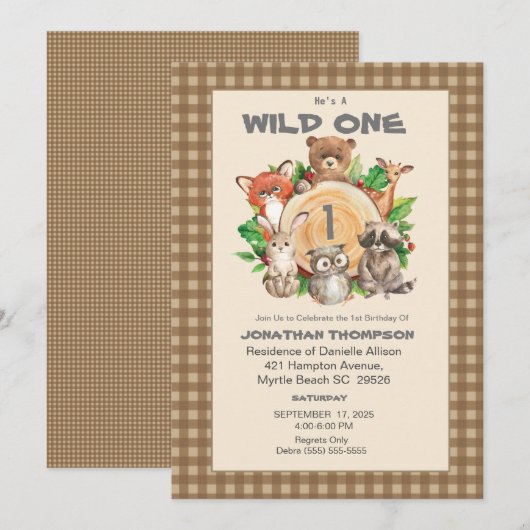Woodland Wild One Birthday Party Invitation Kaart (Voorkant / Achterkant)
