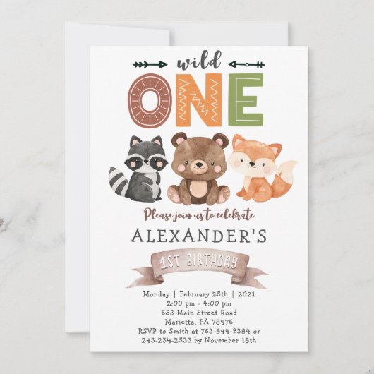 Woodland Wild One Birthday Party Invitation Kaart (Voorkant)