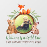 Woodland Wild One First Birthday Foto en Animals Muurstickers<br><div class="desc">Voor een eerste verjaardagsfeest met het thema Wilde One / safari dieren. Rond een kindfoto in rond lijst met bruin hout is een groep schattige bosdieren geschilderd in waterverf: een bruin beer links, een rode vos omhoog en een konijnenrecht. Op het houtlogboek staan ook groene wilgbladeren, links en rechts van...</div>