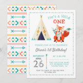 Woodland Wild One Fox Boho Teepee Boy1st Birthday Kaart (Voorkant / Achterkant)